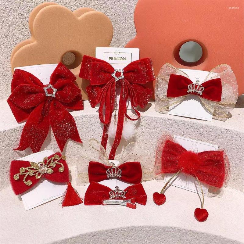 

Hair Accessories Year Red Baby Big Bow Ribbon Clips Crystal Headwear Geometric Women Girls Shiny Velvet Hairpins Accessions, 06