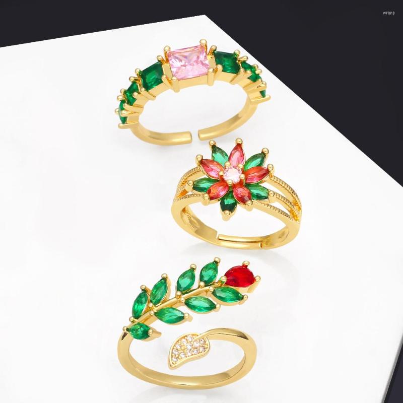 

Cluster Rings OCESRIO Green Crystal Leaves Ring For Women Copper Gold Plated CZ Flower Pink Square Open Jewelry Gift Wholesale Rigq98