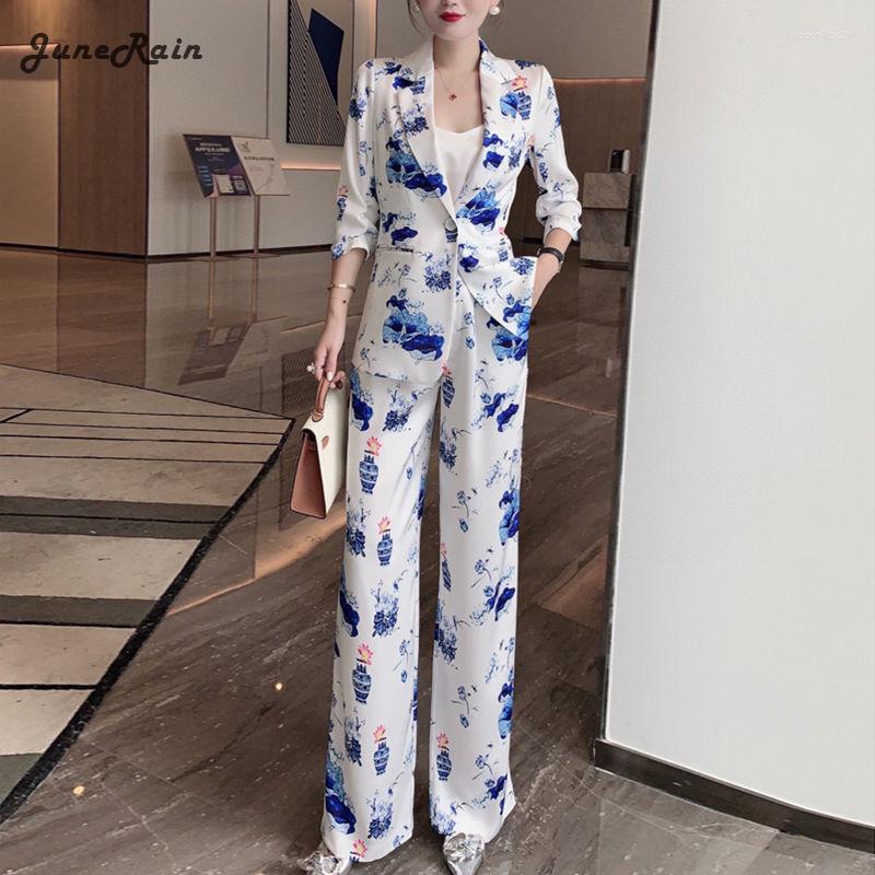 

Women' Two Piece Pants JuneRain Satin Suit Female Summer Fashion Chinese Style Blue White Porcelain Print Slim Wide Leg Two-piece Set Suits, Mixed color