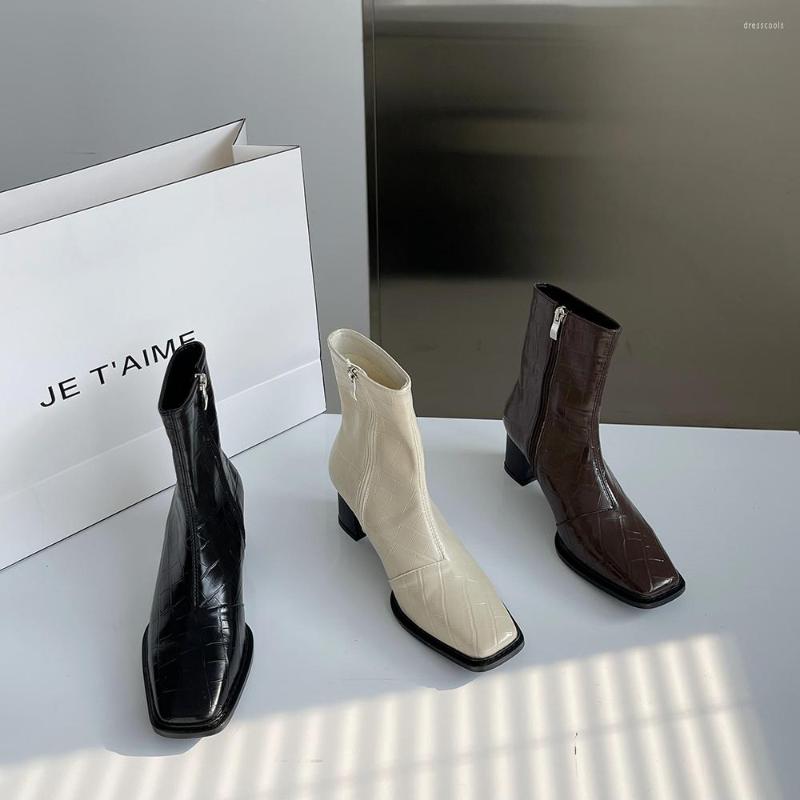 

Boots Square Toe Women Ankle Fashion 2022 Arrivals Side Zipper Short Booties Thick High Heels Black Brown Beige Winter Botas