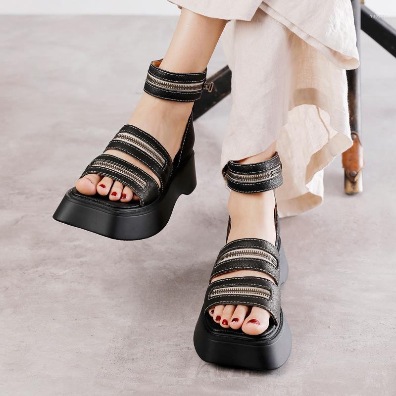 

Sandals Birkuir Zippers Designer Genuine Leather Thick Heel For Women Handmade Beach Ladies Platform, Black