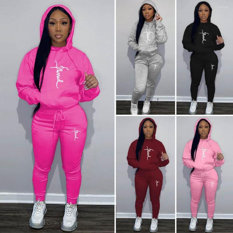 

Women' Two Piece Pants 2Pcs/Set Stylish Female Sportswear Set Hooded Super Soft Alphabet Drawstring, Black