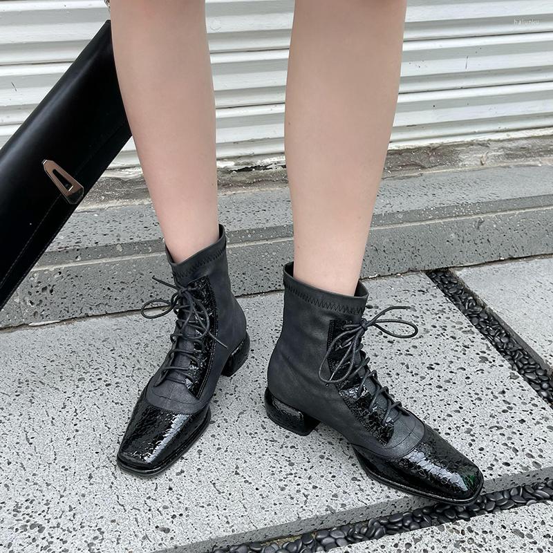 

Boots Square Toe Women Stretch Shoes Short Ankle Flat Low Heels Cross Tied Lace Up Autumn Winter Sock Booties 39, Black