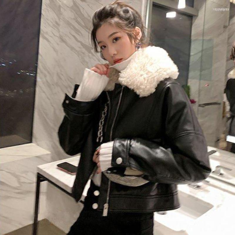 

Women's Leather Women's Winter Faux Sticthing Motorcycle Bomber Jacket Lambswool Turn Down Collar Thick Plus Plush Liner PU Coat Zipper, Black