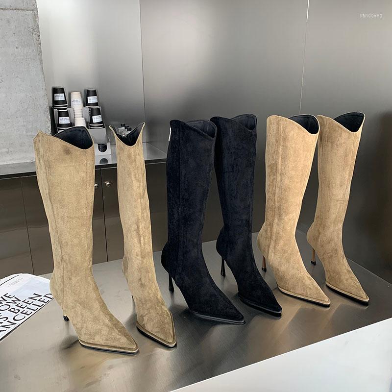 

Boots Pointed Toe Women Knee High 2022 Arrivals Flock Stretch Shoes Thin Heels Back Zipper Winter Autumn Pumps, Black