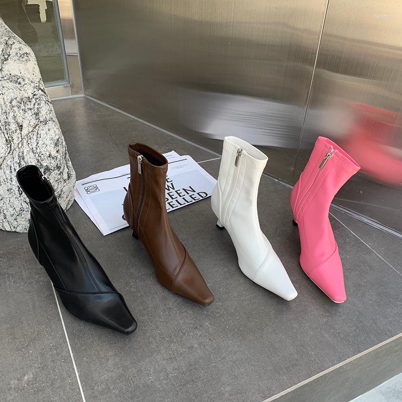 

Boots Fashion Women Ankle Pointed Toe Short Stretch Shoes Thin Mid Heels Black Brown White Pink Side Zipper Casual Woman