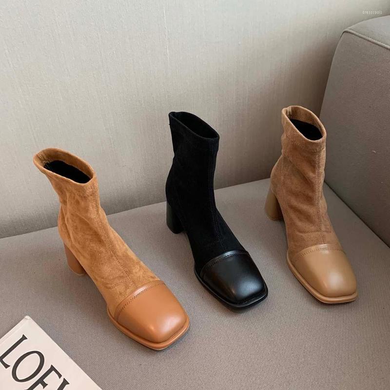 

Boots Square Toe Women Sock Ladies Black/Brown/Khaki Stretch Shoes Flock 2022 Mid Heels Slip On Autumn Pumps