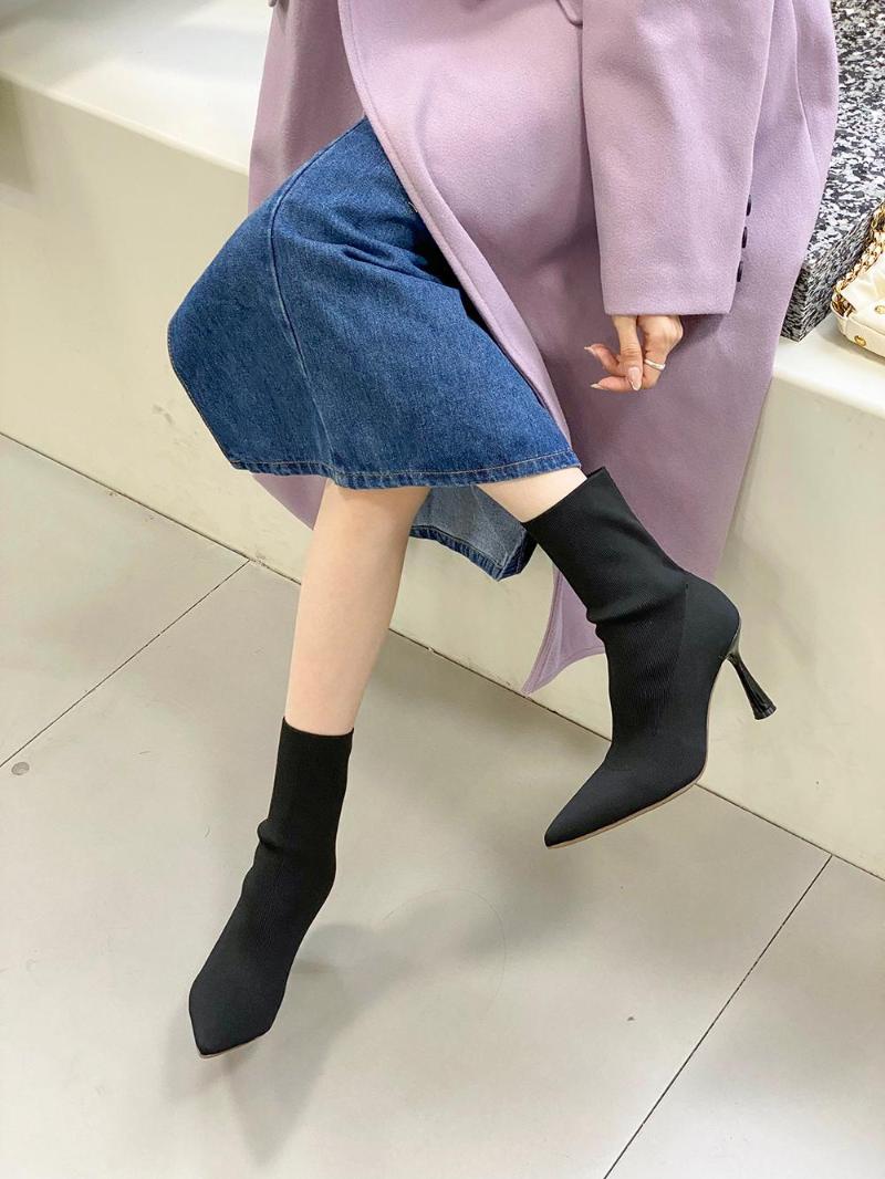 

Boots Black Beige Women Mid Claf Knitting Sock Botas Thin High Heels Slip On Stretch Shoes Winter Autumn Pointed Toe Ankle