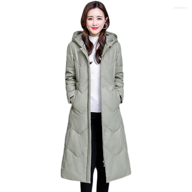 

Women's Down Leather Jacket 2022 Slim And Thin Real Fur Collar Hooded Mid-length Warm Quality Commuter, Green