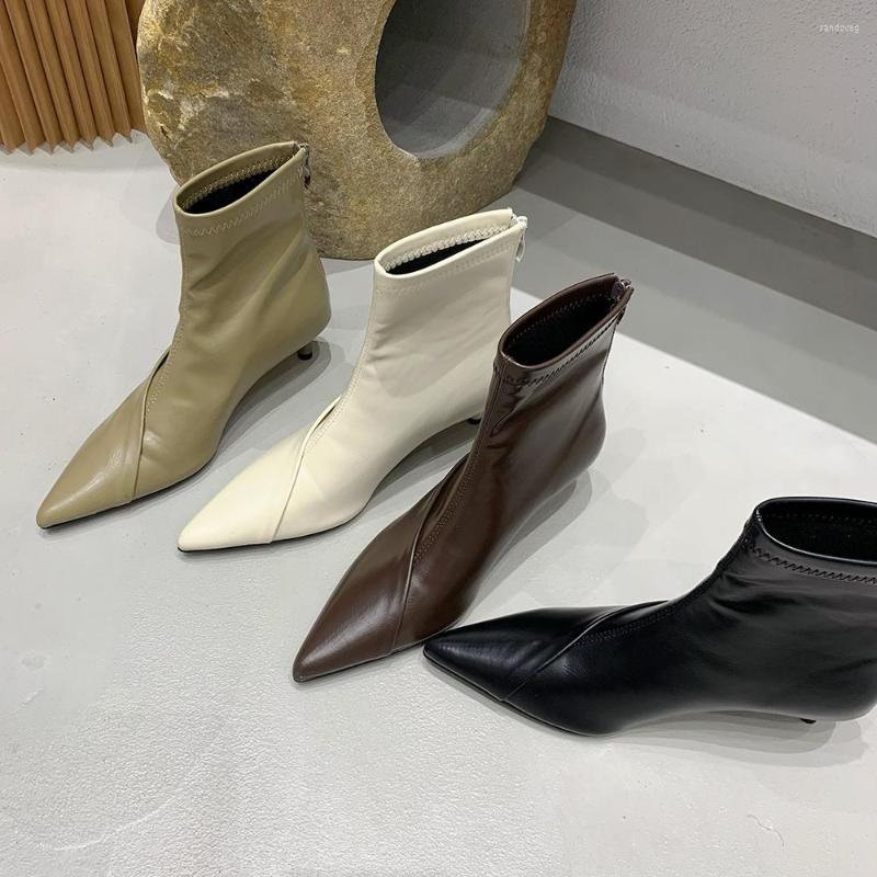 

Boots Brown Beige Black Green Women Ankle Sock Botas Thin Mid Heels Back Zipper Dress Shoes Woman Casual Fashion Party Pumps 39