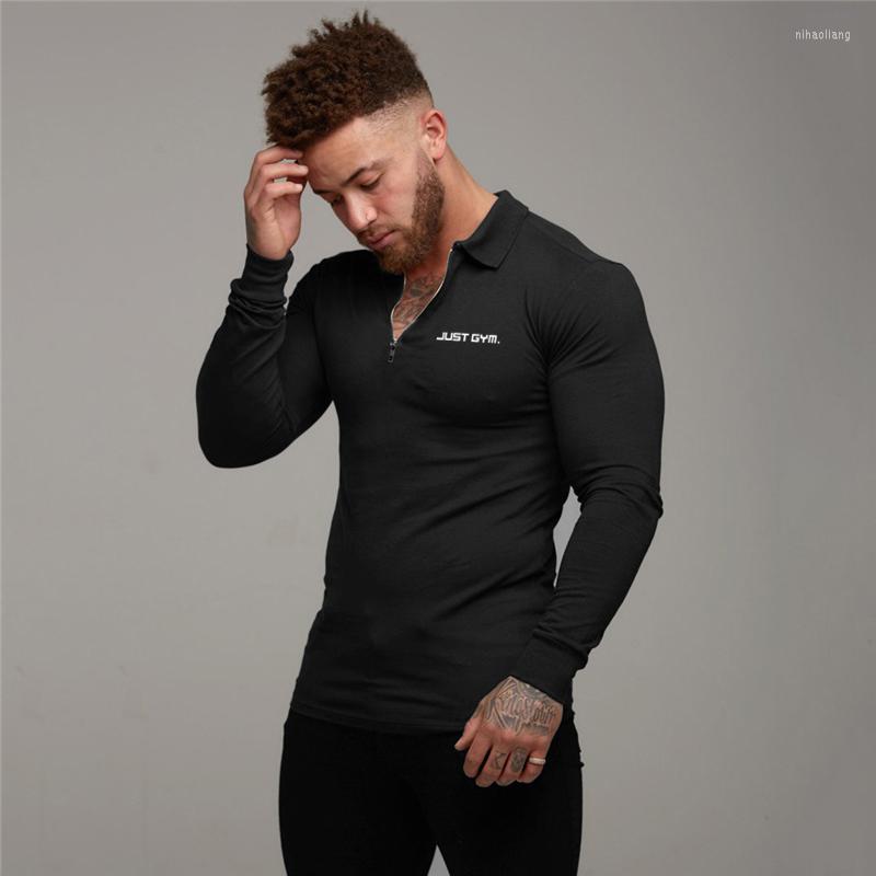 

Men's Polos Brand Gym Fashion Zipper Polo Shirt Mens Clothing Workout Running Breathable Sports Long Sleeve Bodybuilding Fitness Shirts, Black