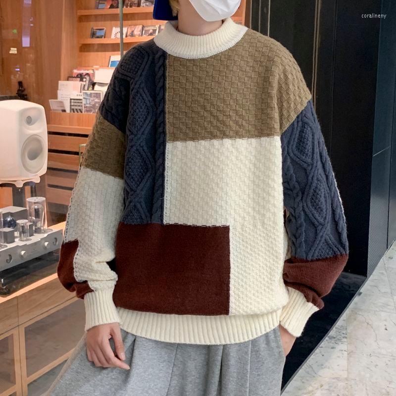 

Men' Sweaters Autumn Winter Fashion Brand Knitwear Sweater Men' Loose Splice Color Contrast Thickened Shirt Korean Round Neck Pullover, Black
