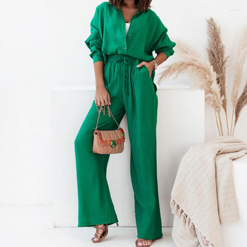 

Women's Two Piece Pants Casual Set Solid Color Long Sleeve Lapel Button Up Shirt And Loose Wide Leg Trousers Elegant Suits For Women, Dark green