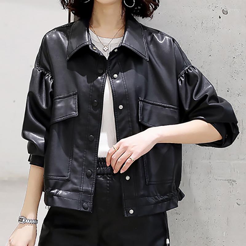 

Women's Leather Spring Women Faux Jacket Biker Coat Turndown Collar PU Motorcycle Jackets Loose Streetwear Ogirl Uterwear Autumn, Black