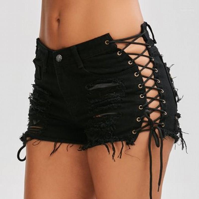 

Women's Jeans Women's Summer Hole Denim Shorts 2022 Women Sexy Lace Up Hollow Out Ripped High Waist Black Female