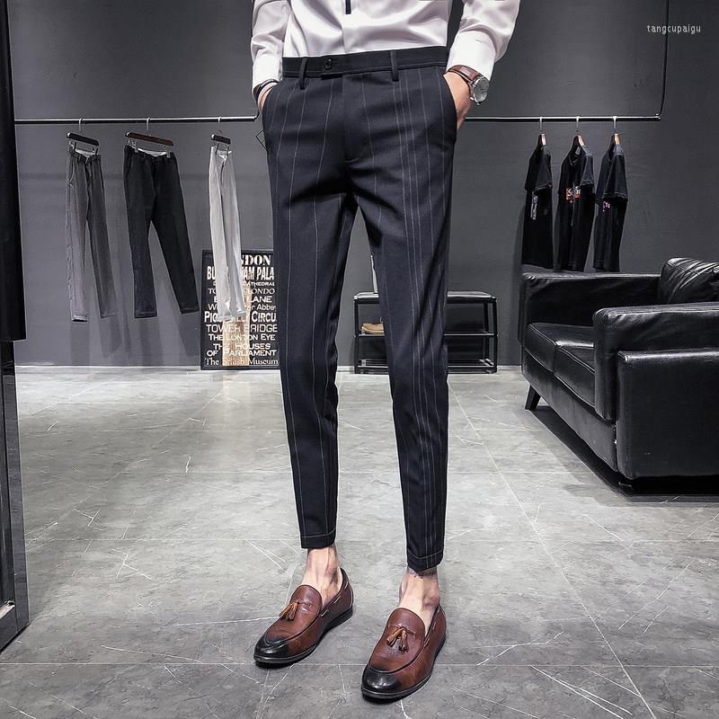 

Men's Suits 2022 Spring Summer Fashion Men Business Dress Pants Striped Office Social Casual Suit Slim Fit Trousers Costume Homme F42, Black