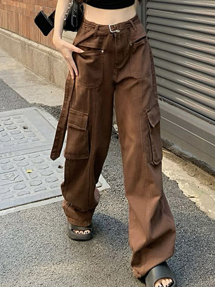 

QNPQYX Grunge Multi-pocketed Cargo Pants Vintage Streetwear High Waist Baggy Casual Sweatpants Harajuku Straight Women Trousers, Auburn