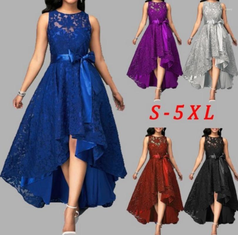 

Casual Dresses 5 Colors Plus Size  Women Lace Party Dress Joineles High Low Irregular Round Neck Sleeveless Belts Vestidos, Ocean blue
