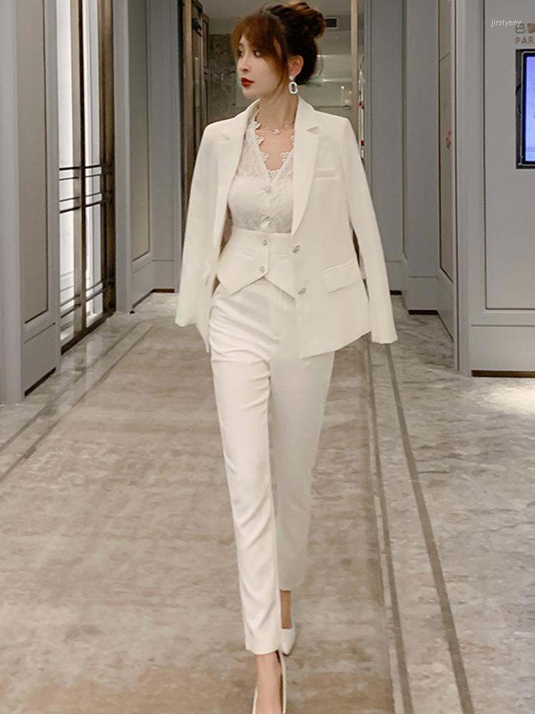 

Women' Two Piece Pants Suits For Women White Long Sleeve Blazer Lace Diamond Buckle Shirt High Waist Pencil Office OL Formal Business 3 Set