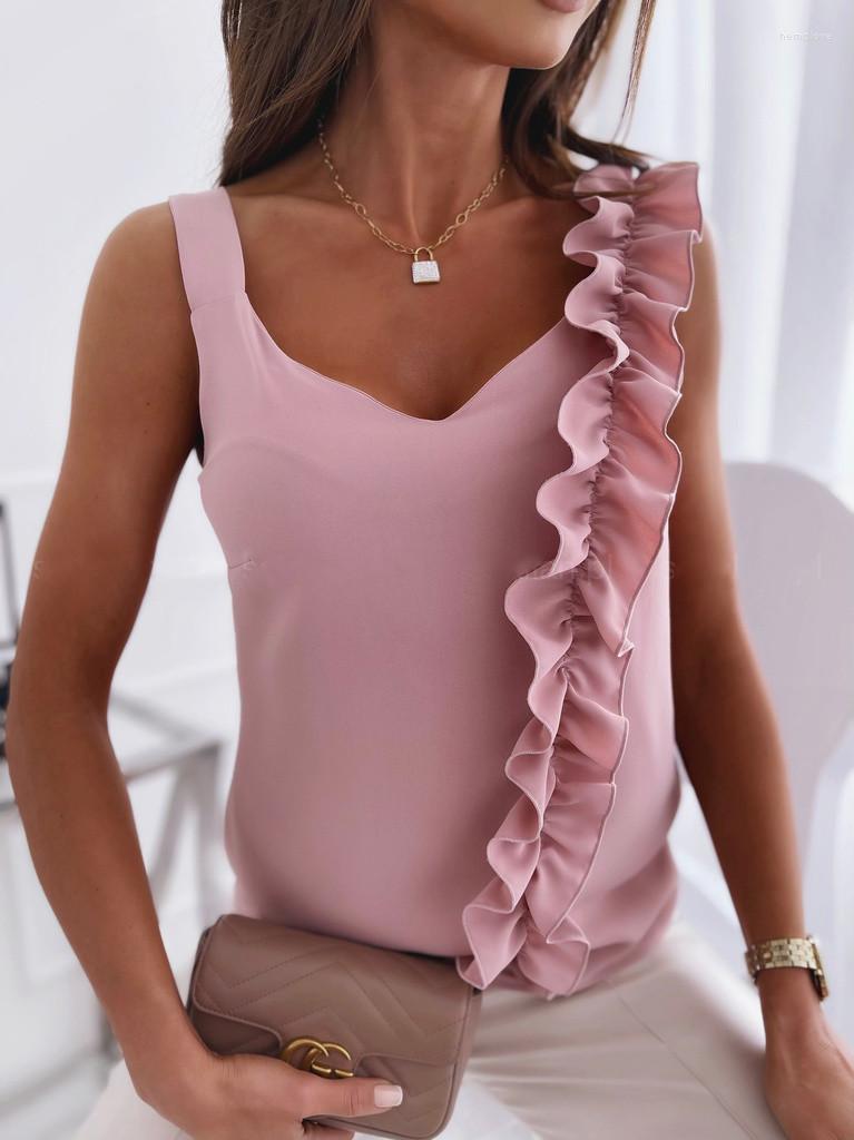 

Women' Blouses YYCZF 2022 Summer Sexy Casual Women Shirts Pure Simple Sleeveless V Neck Open Back Ruffle Tops Shirt Black Color Femme Wear, Sky blue