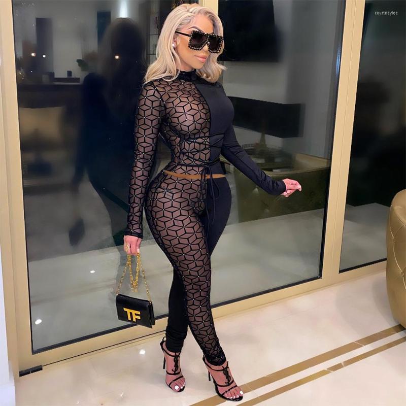 

Women' Two Piece Pants DPSDE 2022 Fashion Sexy Club Party Style Sets Long Sleeve Round Neck Top Elastic Pure Color, Black