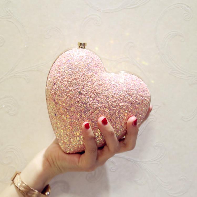 

Evening Bags Luxury Shining Sequin Heart Women's Handbags Clutch Fashion Wedding Party Designer Metal Chain Shoulder Crossbody Bag Femme, Black