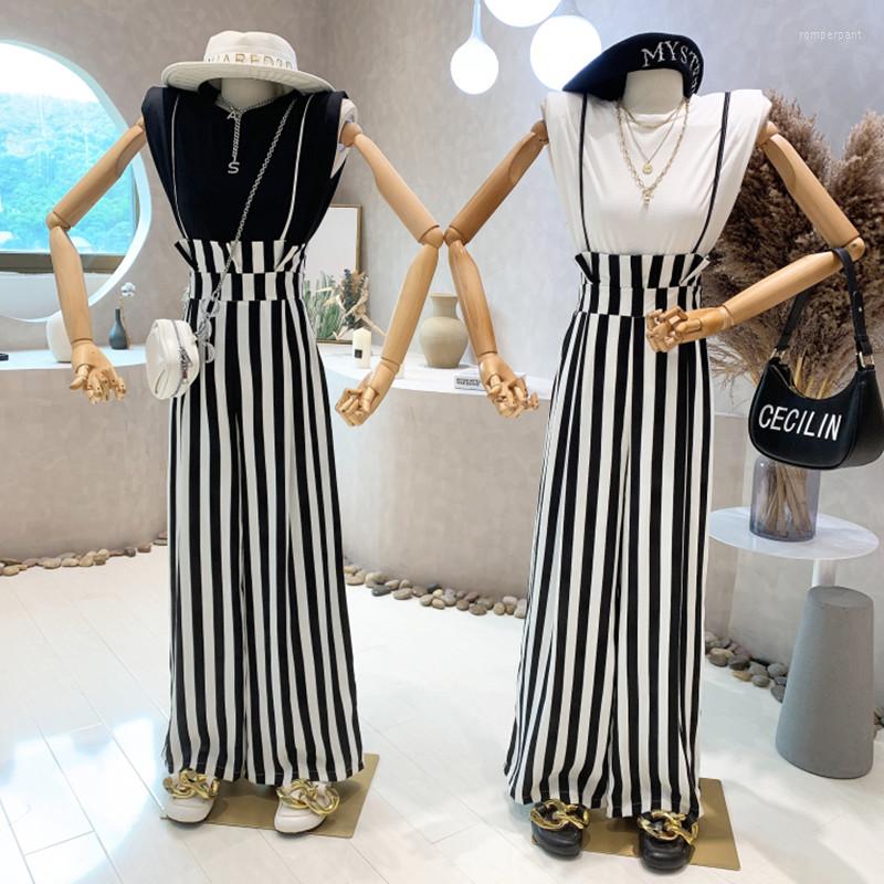 

Women's Two Piece Pants Women's Clothing 2022 Summer Sleeveless Versatile T-shirt Top Stripe Straight Suspender Wide Leg Set, Black