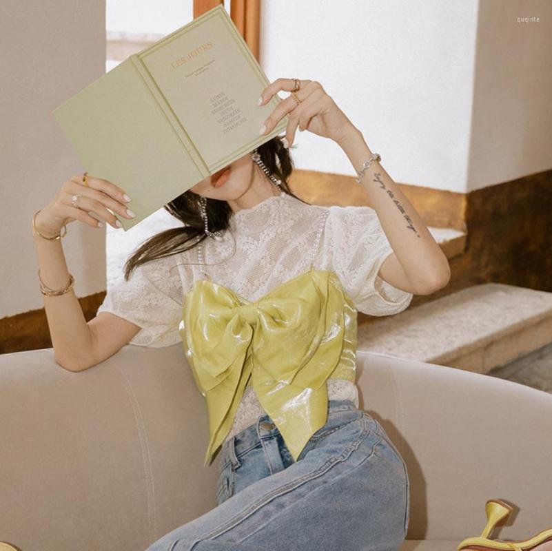 

Women' Tanks 2022 Fresh Sweet Camisole Tops For Women 2 Pcs Sets Summer White Jacquard Embroidered Chiffon Shirt Elegant Ladies Fashion