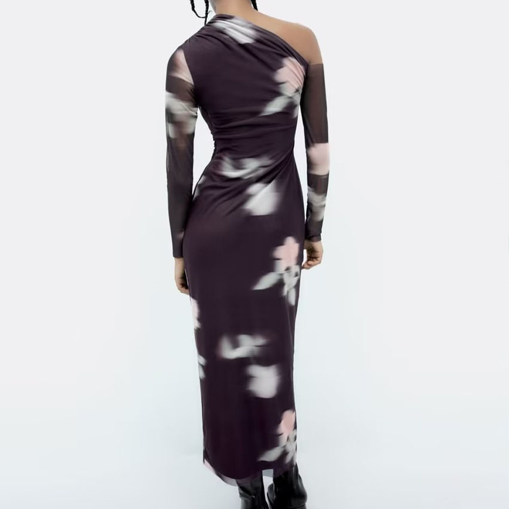 

Summer Women's Dress New European and American Printed Silk Mesh Asymmetrical Neck Dress, Multi