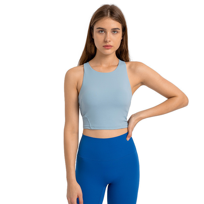 

L169 Training Tank Top Racerback Yoga Tops Built-in Removable Cups High Neck Bra Soft Against Skin Sports Vest Fastest Drying Women Shirt, Water blue grey