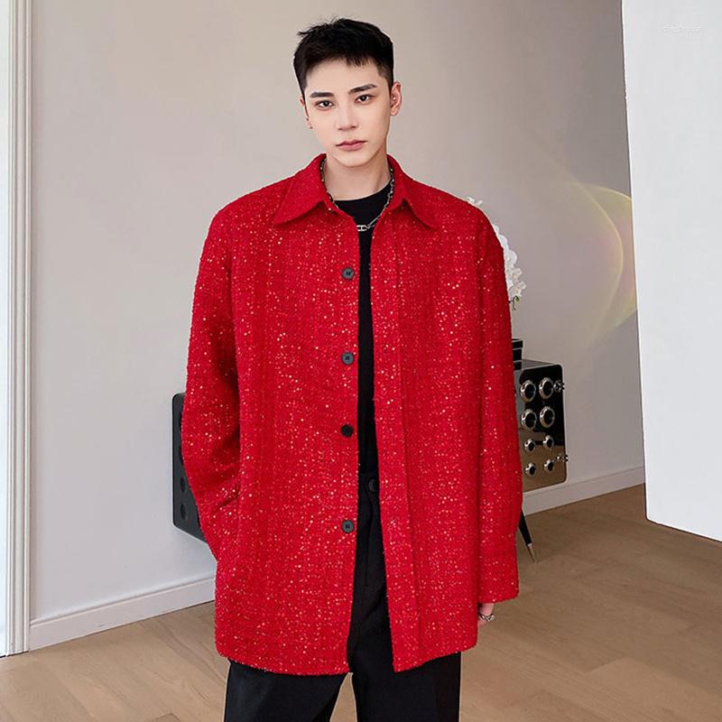 

Men's Casual Shirts Fashion Sequins Menswear Detachable Shoulder Pad Tops Men's Loose Lapel Single Breasted Male Tide Autumn 2023, Red