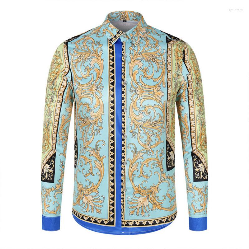 

Men's Casual Shirts 2022 Men Top European American And British 3D Printing Gold Flower Carving Pattern Versatile Fashion Long-sleeved Shirt
