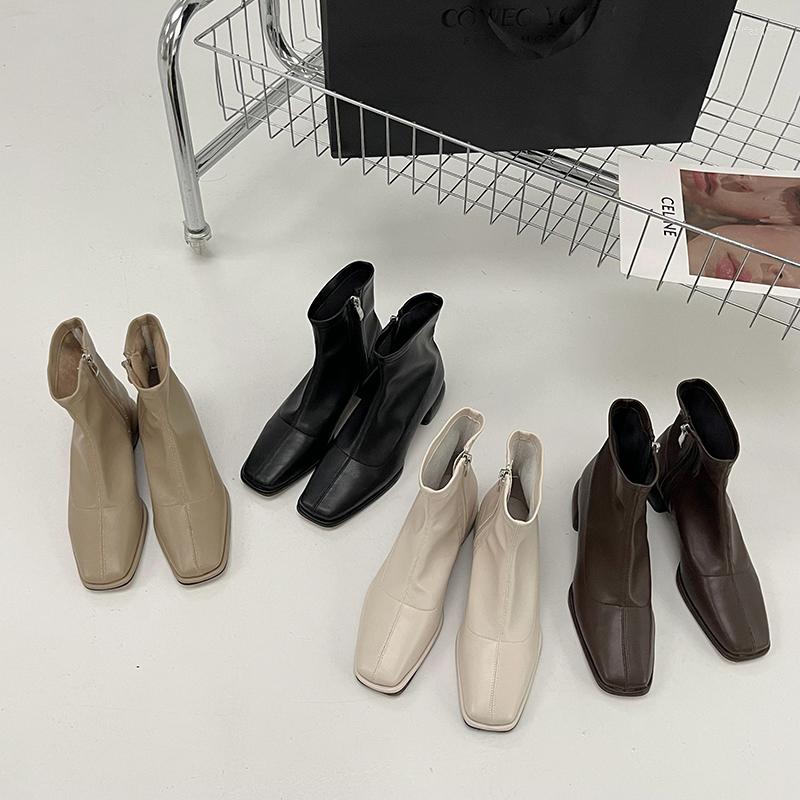 

Boots Square Toe Women Ankle Black Brown Beige Khaki Short Sock Shoes Woman 2022 Arrivals Side Zipper Autumn Booties