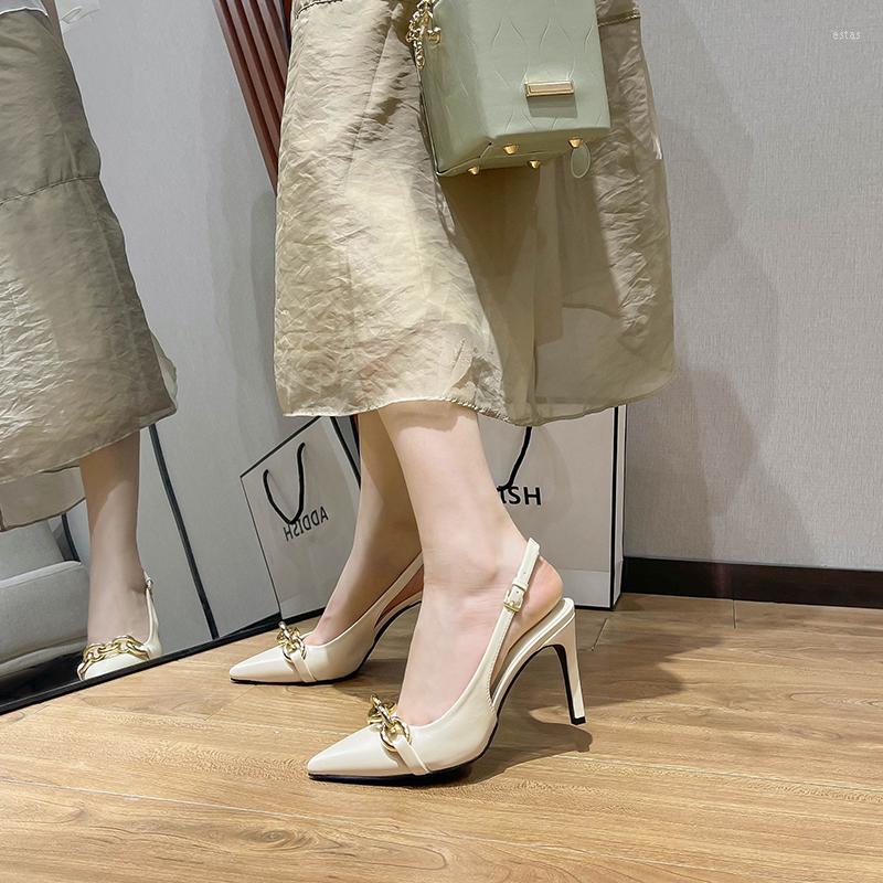 

Dress Shoes Sandals Women's 2022 Summer Banquet Party High Heels Metal Chain Soft Leather Temperament Pointed Shoulder Strap Single Shoe, Black