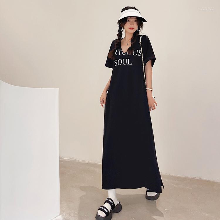 

Casual Dresses In The Summer Of 2022 Long Big Yards Split Letters Printing Short Sleeve Dress, Black