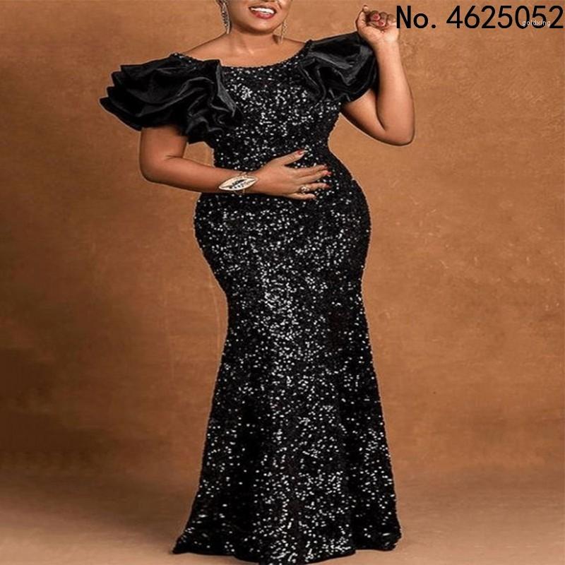 

Ethnic Clothing African Dresses For Women 2022 Christmas Dress Dashiki Sexy Black Sequin Puff Sleeve Midi Bodycon Party Clothes Robe Femme
