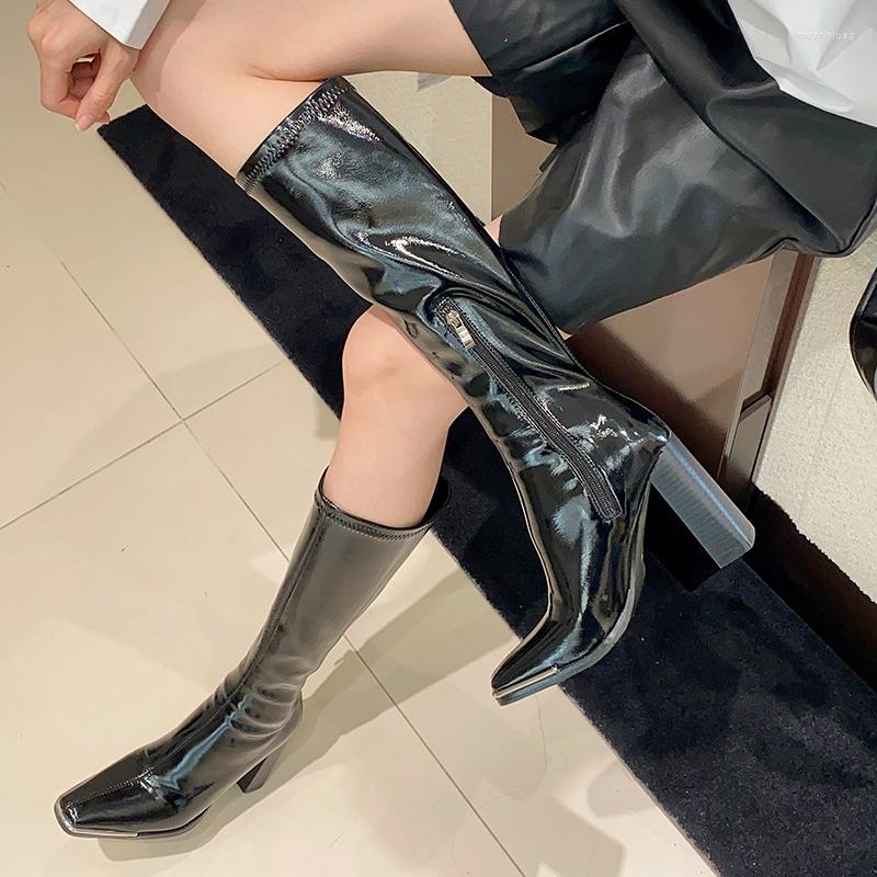 

Boots Fashion Women Knee High Black Patent Leather Stretch Shoes Thick Heels Side Zipper Size 35-39 Winter Party Pumps