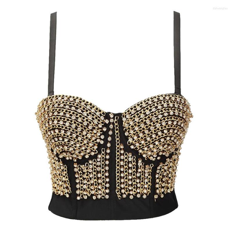 

Women's Tanks Short Sexy Metal Chain Rhinestone Top Female Nightclub Party Crop Tank With Built In Bra Women Camis Push Up Bralette, Gold