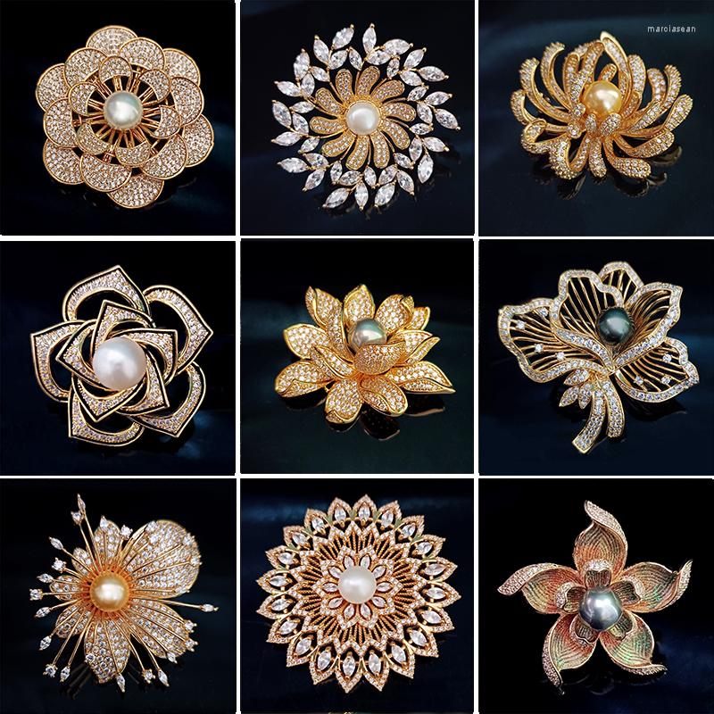 

Brooches Luxury Zircon White Freshwater Pearl Brooch Pin Woman Elegant Flower Clothing Dress Plant Shiny Jewelry Ornament