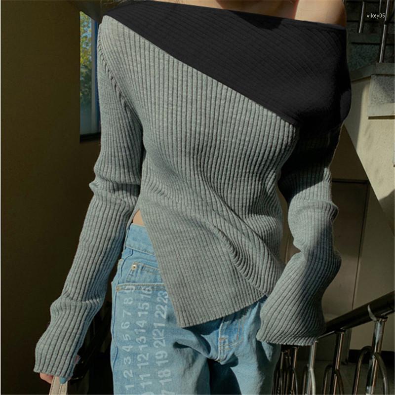 

Women' T Shirts Laertes 2022 Winter Swaet Long Sleeve Cropped Women Slash Neck Kintted Patchwork Irregular Split Side Y2K Tops Female Crop, Gray