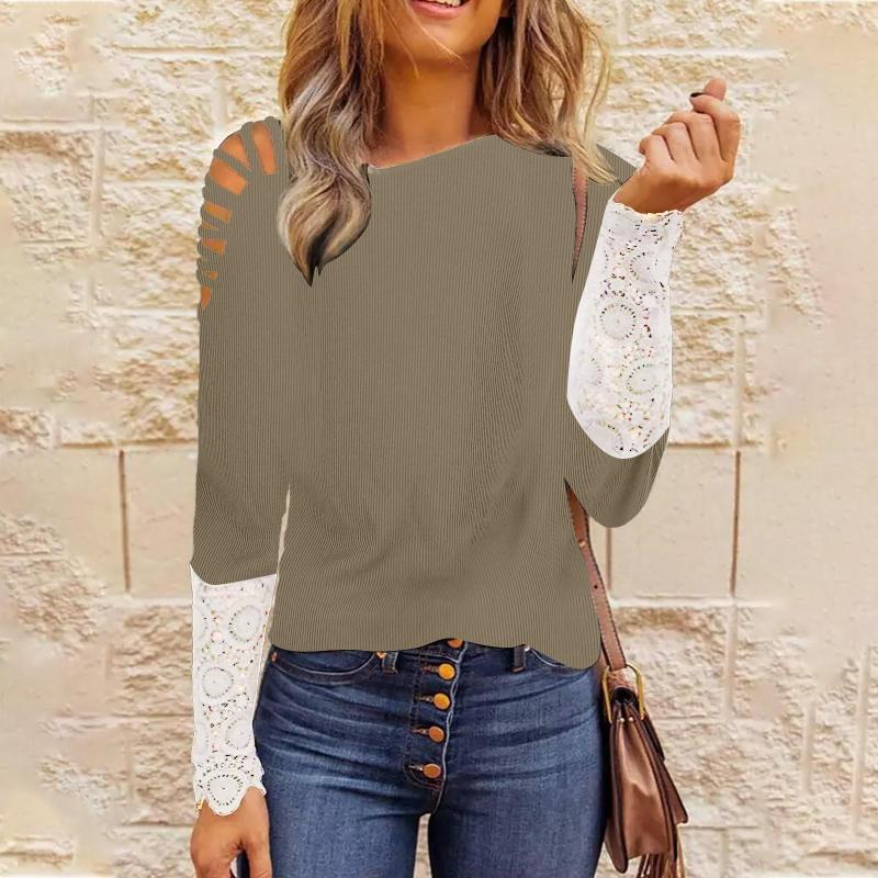 

Women's Blouses Women's Causal Tops Shirt Long Sleeve Solid Striped Shoulder Top O-neck Hollow Lace Elegant Slim T Shirts For Juniors, Black