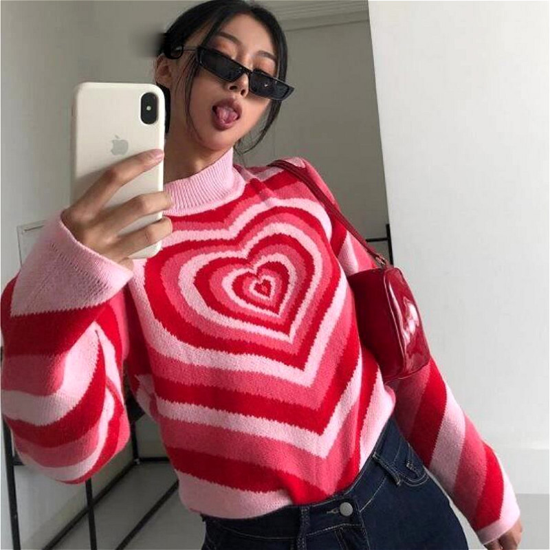 

QNPQYX Y2K 90s Sweater Aesthetics Heart Striped Sweater Turtleneck Pullovers Knitted Crop Top Long Sleeve Harajuku Knitwear Korean Tops, Red