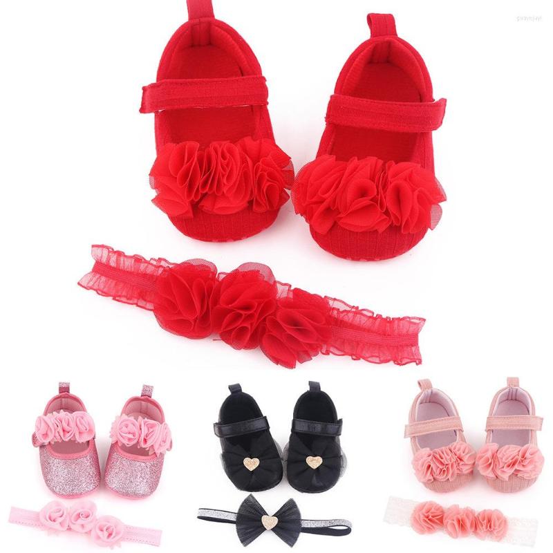 

First Walkers Baby Shoes Floral Toddler Girl Sets Headband Flower Soft Sole Hook & Loop For Girls, Shining silver
