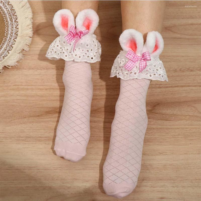 

Women Socks Japanese Winter Fashion Kawaii Girl Cotton Lolita Bowknot Ears JK Calf Frilly