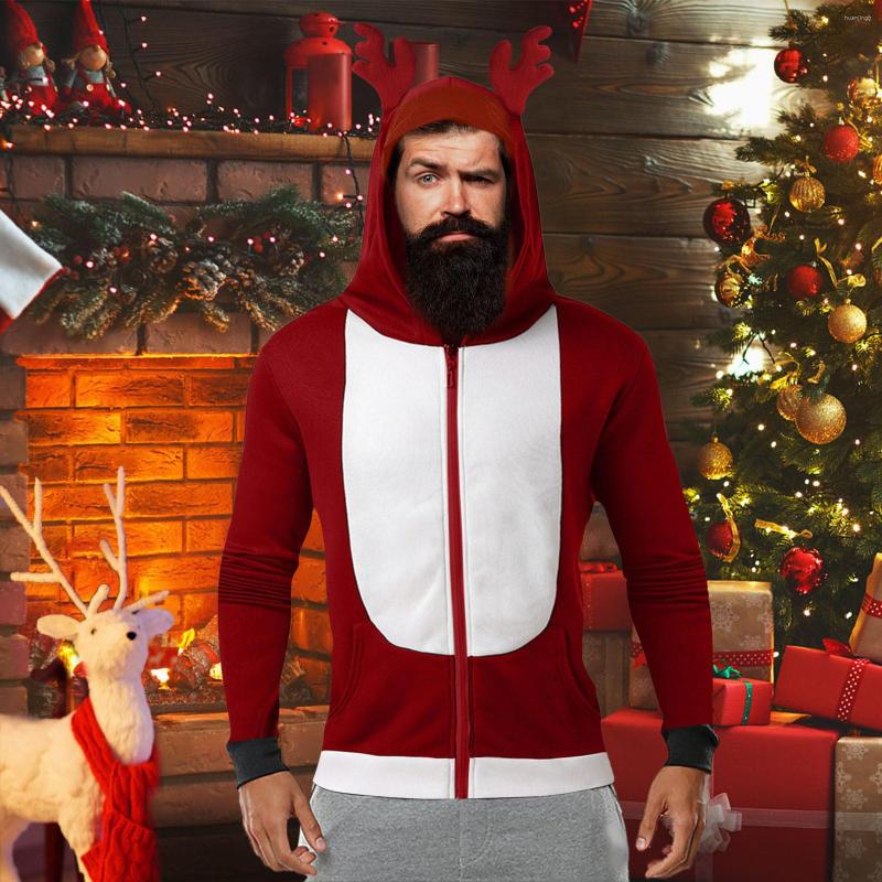 

Men's Vests Men's Winter Christmas Cartoon Antlers Hooded Coat Zipper Color-Block Long Sleeve Party Jacket With Pockets, Brown