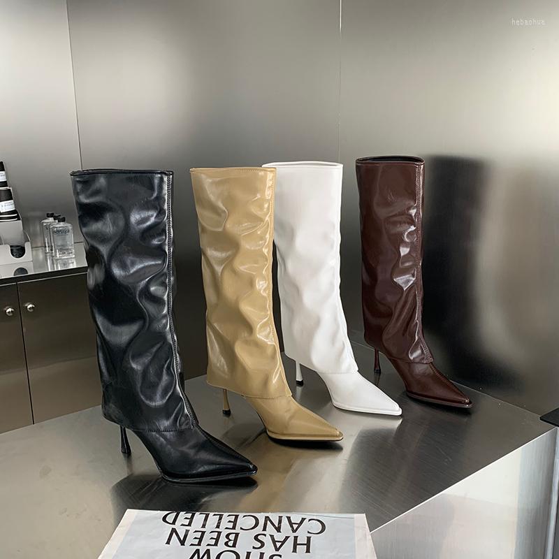 

Boots Pointed Toe Women Knee High Heels Black/Green/White/Brown Knight Botas Thin 2022 Arrivals Party Pumps Shoes Woman