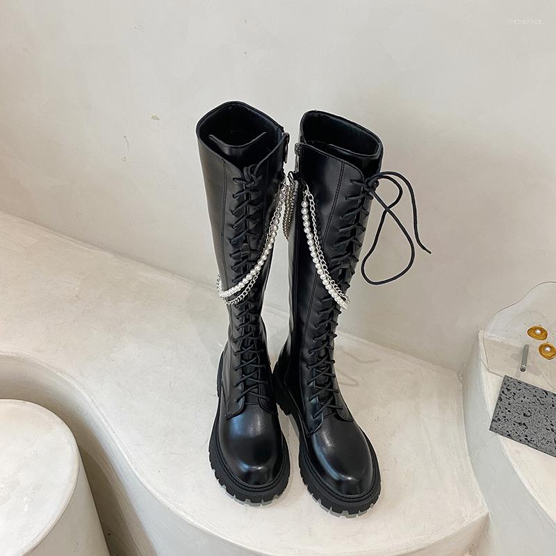 

Boots Fashion Women Knee Knigjht Cool Black Flat Heeled Metal Chain Side Zipper Cross Tied Lace Up Platform Pumps Botas 35-39