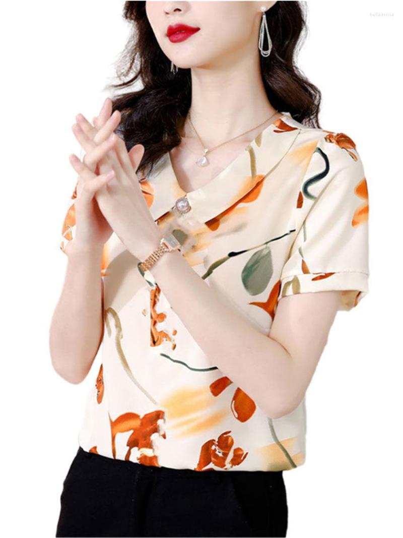 

Women's Blouses 4XL Women Spring Summer Shirts Lady Fashion Casual Short Sleeve Turn-down Collar Flower Printing Blusas Tops G2320, Orange