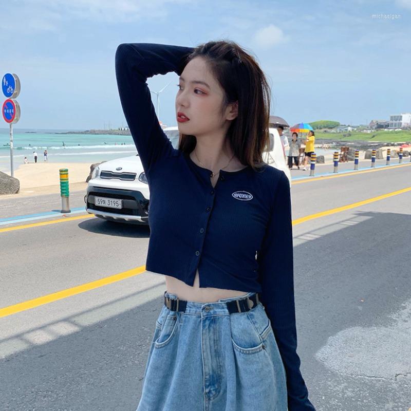 

Women's Knits Autumn Women Crop Tops Fashion Slim Fit O-Neck Long Sleeves Knitted Cardigan Solid Color Casual Female Basic Navy Knitwear Y2k, Black