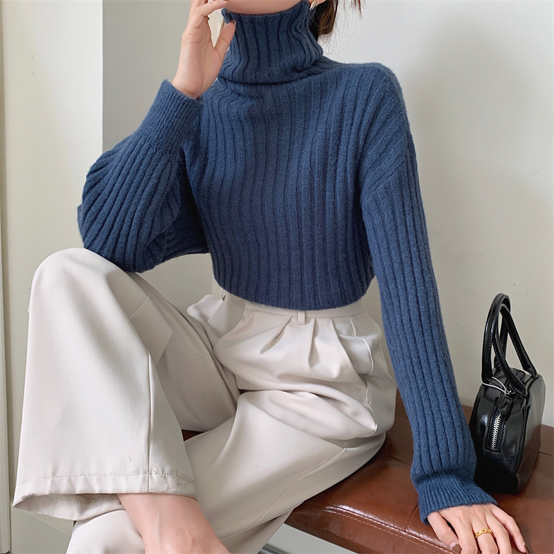 

3137 Autumn winter high neck solid color loose simple pit strip versatile thin knit 4 colors sweater woman, Blue